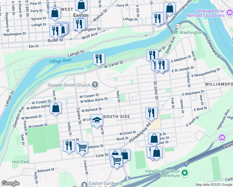 map of restaurants, bars, coffee shops, grocery stores, and more near 327 Seitz Street in Easton