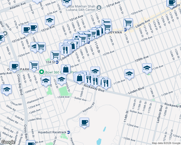 map of restaurants, bars, coffee shops, grocery stores, and more near 107-59 108th Street in Queens