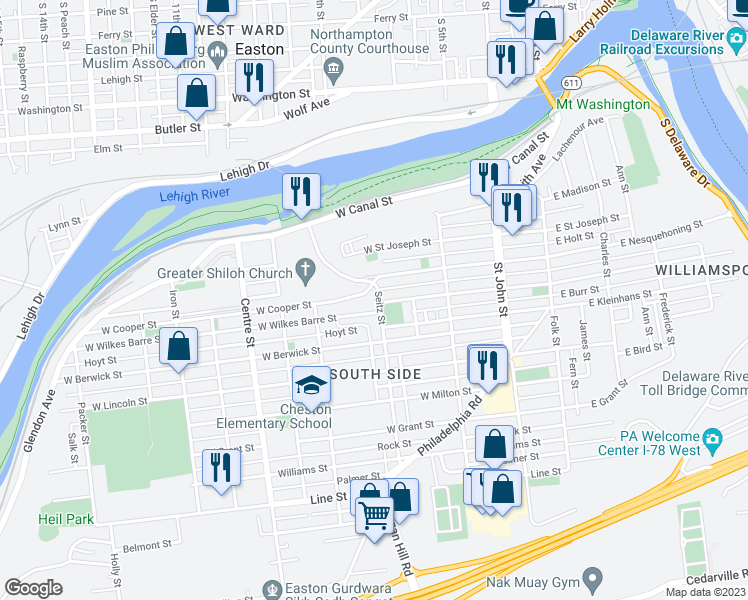 map of restaurants, bars, coffee shops, grocery stores, and more near 327 Seitz Street in Easton