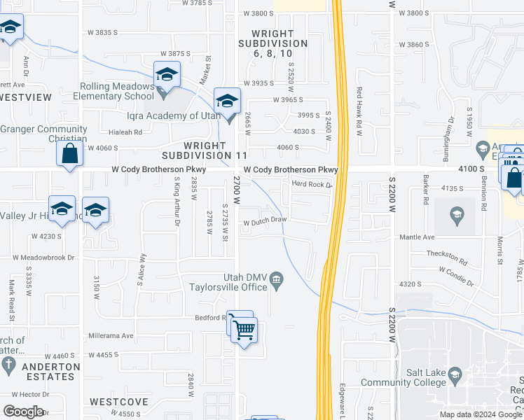 map of restaurants, bars, coffee shops, grocery stores, and more near Village Lane in Salt Lake City