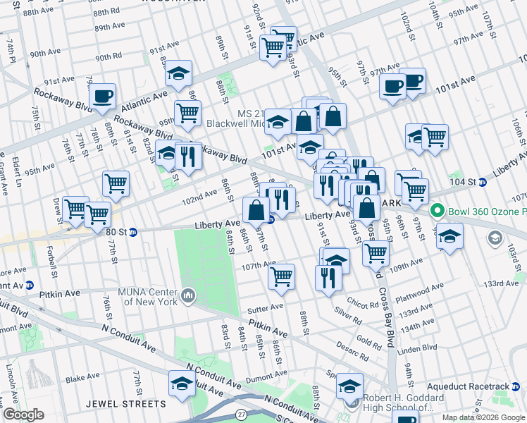 map of restaurants, bars, coffee shops, grocery stores, and more near 86-44 103rd Avenue in Queens