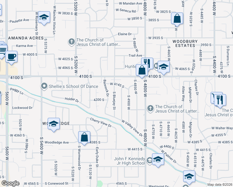 map of restaurants, bars, coffee shops, grocery stores, and more near 4171 Blue Jay Street in West Valley City