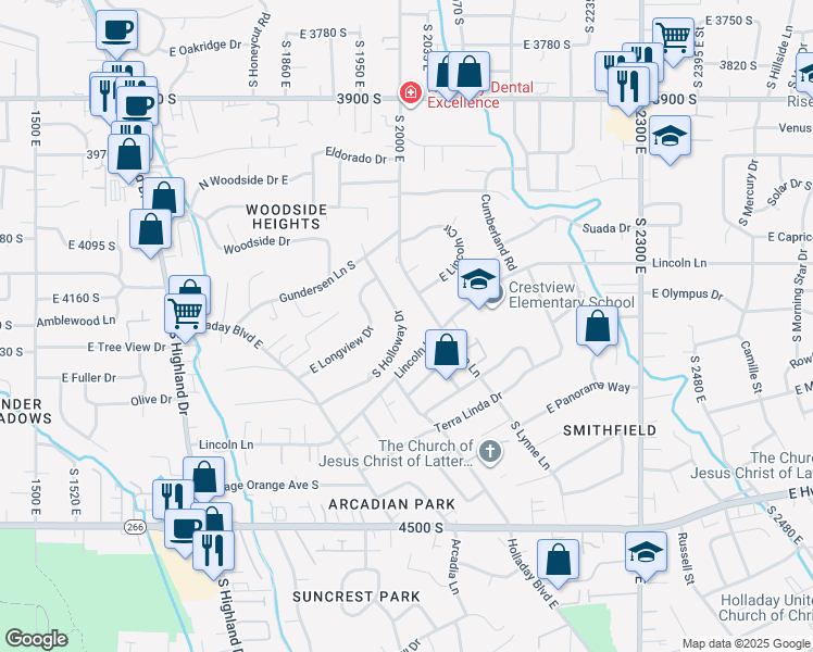 map of restaurants, bars, coffee shops, grocery stores, and more near 4197 South Holloway Drive in Holladay