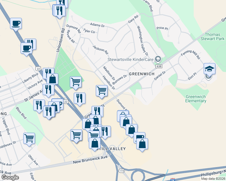 map of restaurants, bars, coffee shops, grocery stores, and more near in Stewartsville
