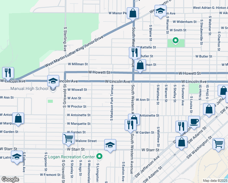 map of restaurants, bars, coffee shops, grocery stores, and more near 2104 West Wiswall Street in Peoria