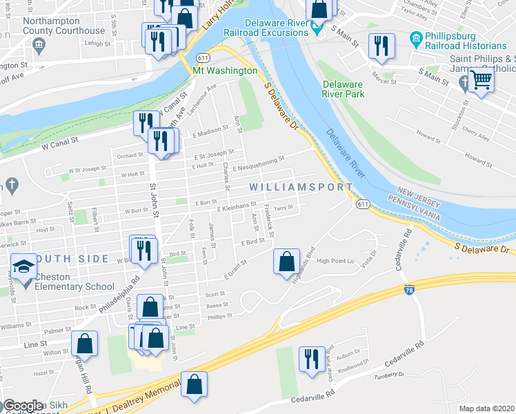 map of restaurants, bars, coffee shops, grocery stores, and more near 253 East Kleinhans Street in Easton