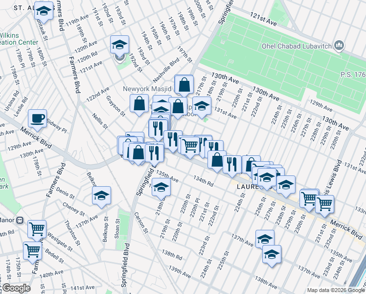 map of restaurants, bars, coffee shops, grocery stores, and more near 21701 Merrick Boulevard in Queens