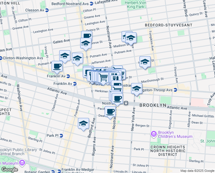 map of restaurants, bars, coffee shops, grocery stores, and more near 53 Herkimer Street in Brooklyn