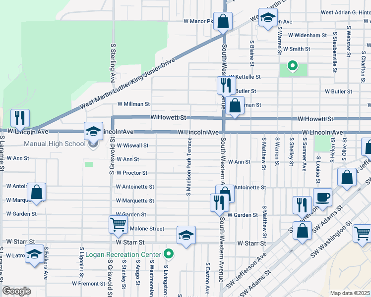 map of restaurants, bars, coffee shops, grocery stores, and more near 2104 West Wiswall Street in Peoria