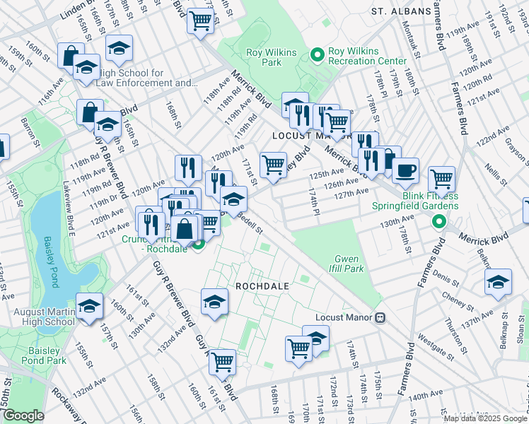 map of restaurants, bars, coffee shops, grocery stores, and more near 12602 Locust Manor Lane in Queens