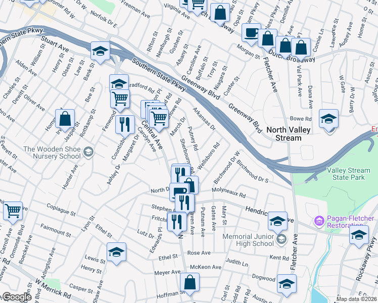 map of restaurants, bars, coffee shops, grocery stores, and more near 1610 Sherbourne Road in Valley Stream