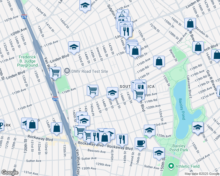 map of restaurants, bars, coffee shops, grocery stores, and more near 145-29 Foch Boulevard in Queens