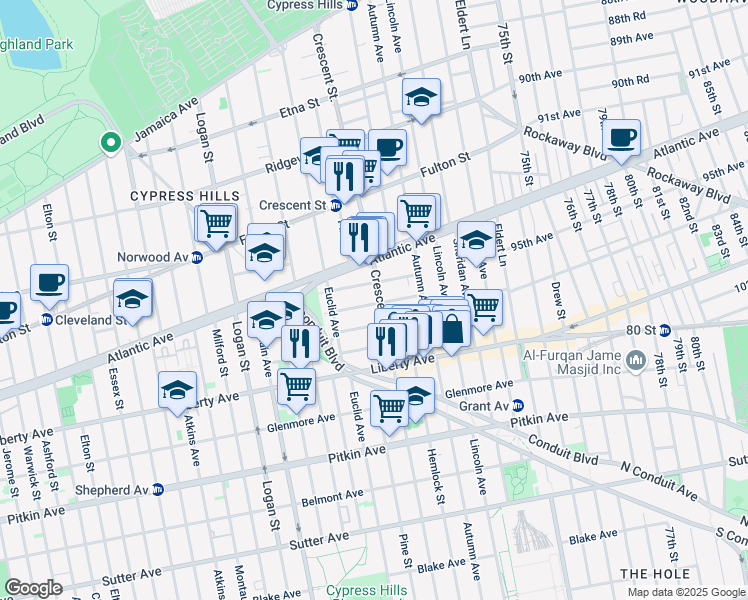 map of restaurants, bars, coffee shops, grocery stores, and more near 82 Weldon Street in Brooklyn