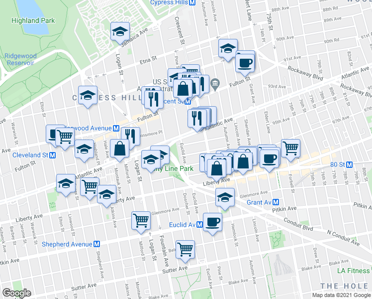 map of restaurants, bars, coffee shops, grocery stores, and more near 332 Euclid Avenue in Brooklyn
