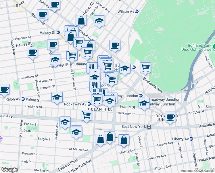 map of restaurants, bars, coffee shops, grocery stores, and more near 183 Hull Street in Brooklyn