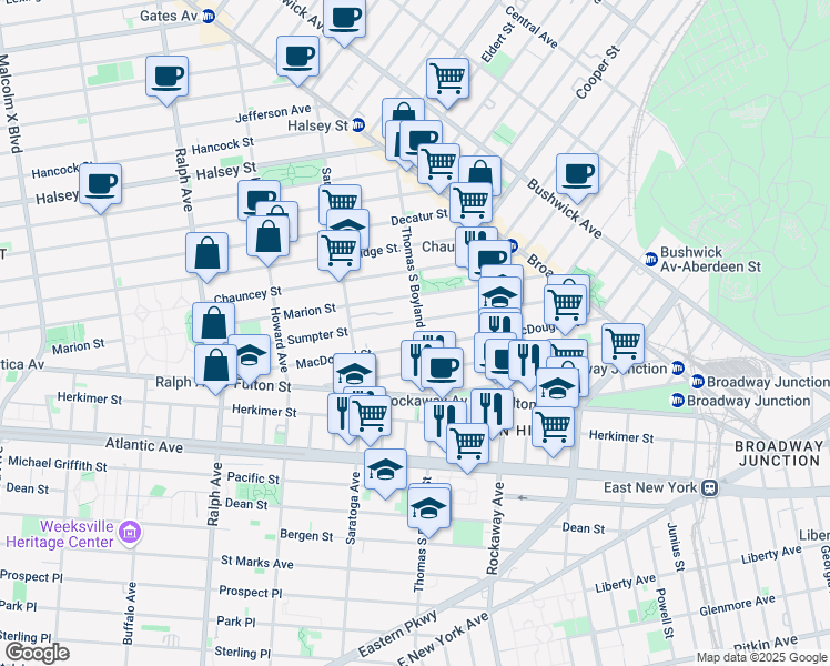 map of restaurants, bars, coffee shops, grocery stores, and more near 181 Macdougal Street in Brooklyn