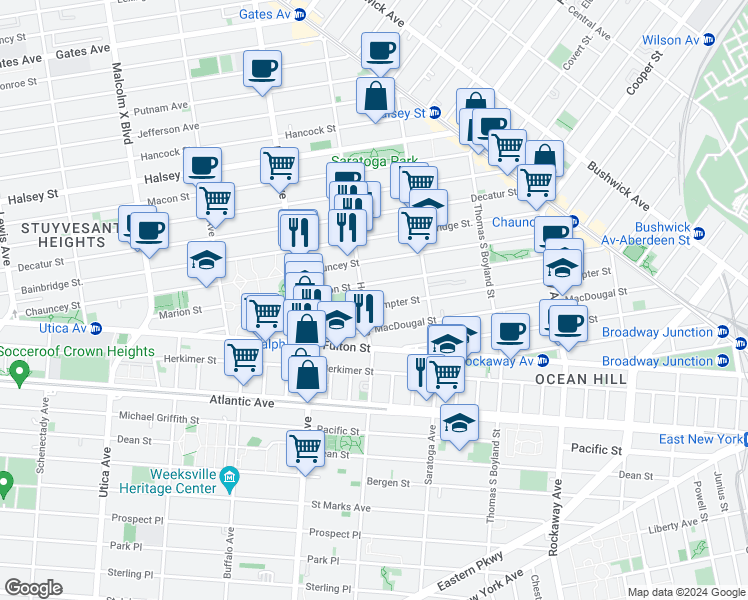 map of restaurants, bars, coffee shops, grocery stores, and more near 160 Sumpter Street in Brooklyn