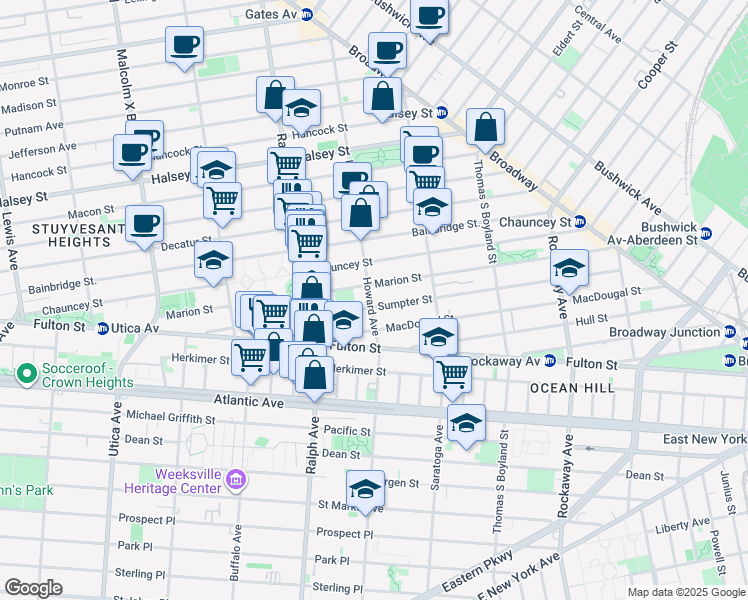 map of restaurants, bars, coffee shops, grocery stores, and more near 128 Sumpter Street in Brooklyn