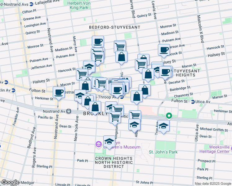 map of restaurants, bars, coffee shops, grocery stores, and more near 1496 Fulton Street in Brooklyn