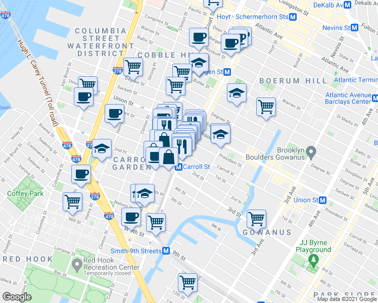 map of restaurants, bars, coffee shops, grocery stores, and more near 1 2nd Street in Brooklyn