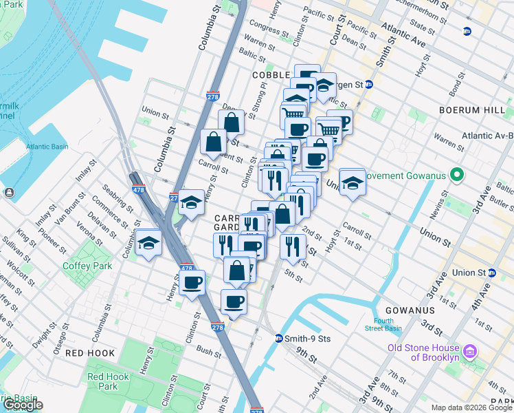 map of restaurants, bars, coffee shops, grocery stores, and more near in Brooklyn
