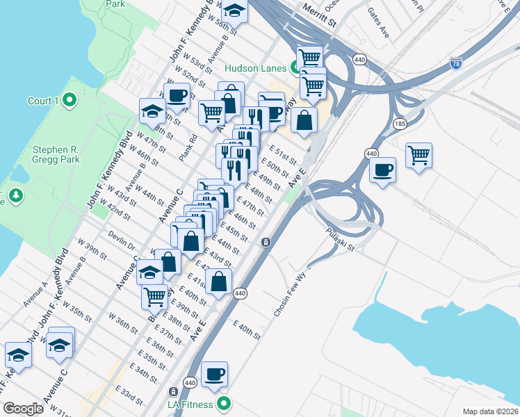 map of restaurants, bars, coffee shops, grocery stores, and more near 55 East Grand Street in Bayonne