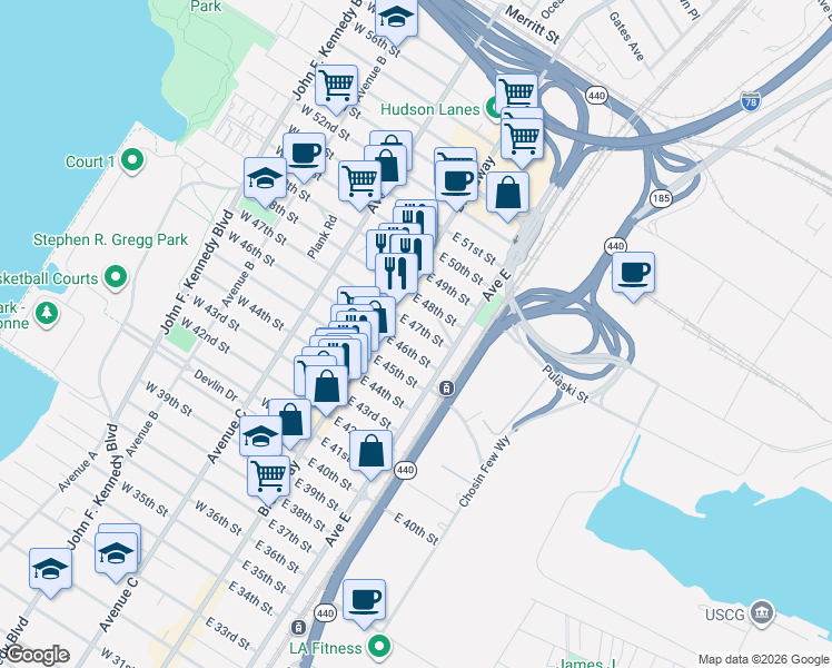 map of restaurants, bars, coffee shops, grocery stores, and more near 27 East 46th Street in Bayonne