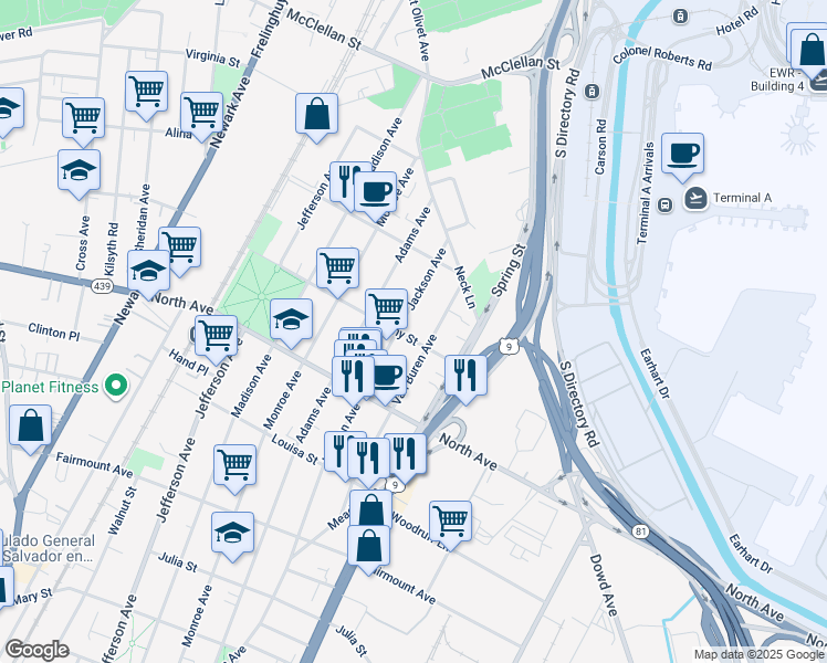map of restaurants, bars, coffee shops, grocery stores, and more near 1027 Fanny Street in Elizabeth