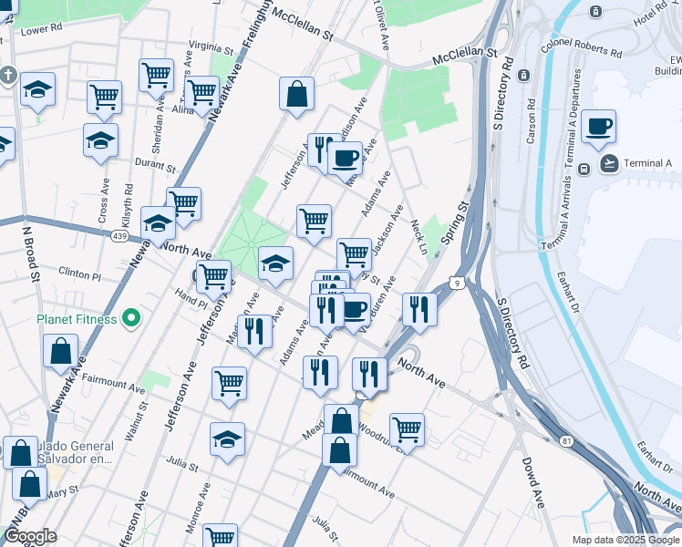 map of restaurants, bars, coffee shops, grocery stores, and more near 844 Jackson Avenue in Elizabeth