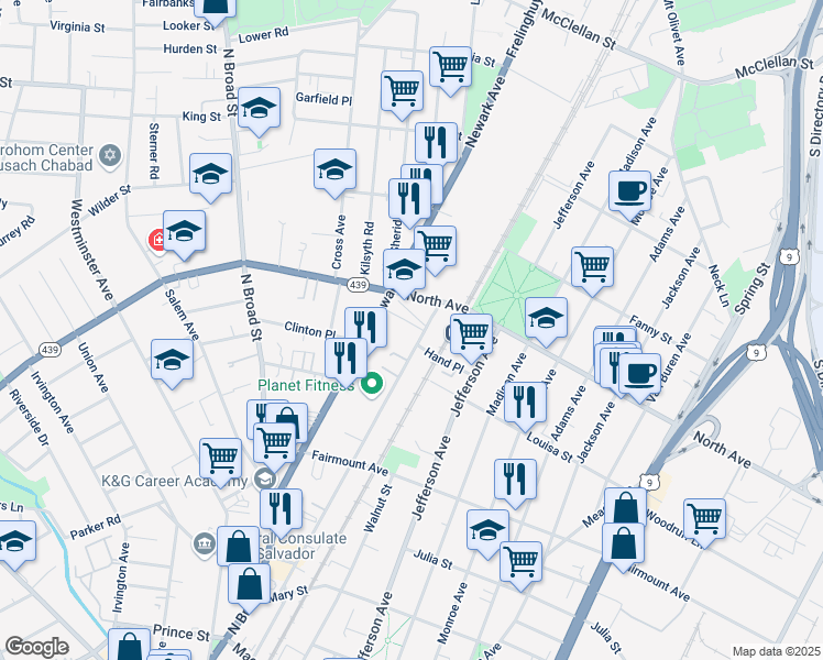 map of restaurants, bars, coffee shops, grocery stores, and more near 706 Pennsylvania Avenue in Elizabeth