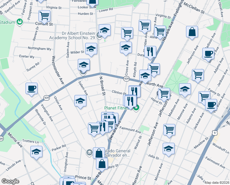 map of restaurants, bars, coffee shops, grocery stores, and more near 1270-1272 Clinton Place in Elizabeth