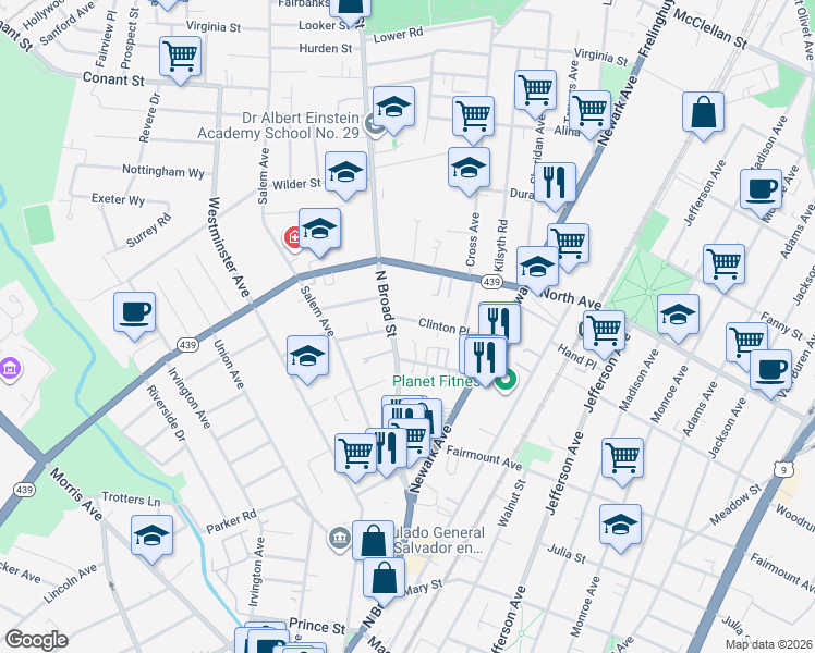 map of restaurants, bars, coffee shops, grocery stores, and more near 1270-1272 Clinton Place in Elizabeth