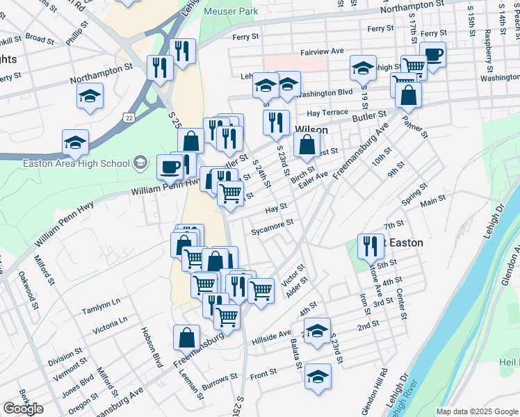map of restaurants, bars, coffee shops, grocery stores, and more near 2418 Hay Street in Easton