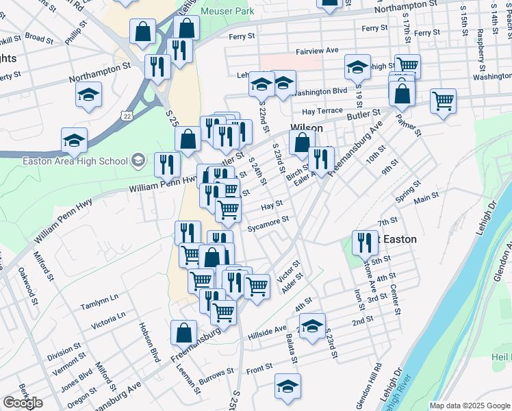 map of restaurants, bars, coffee shops, grocery stores, and more near 2418 Hay Street in Easton
