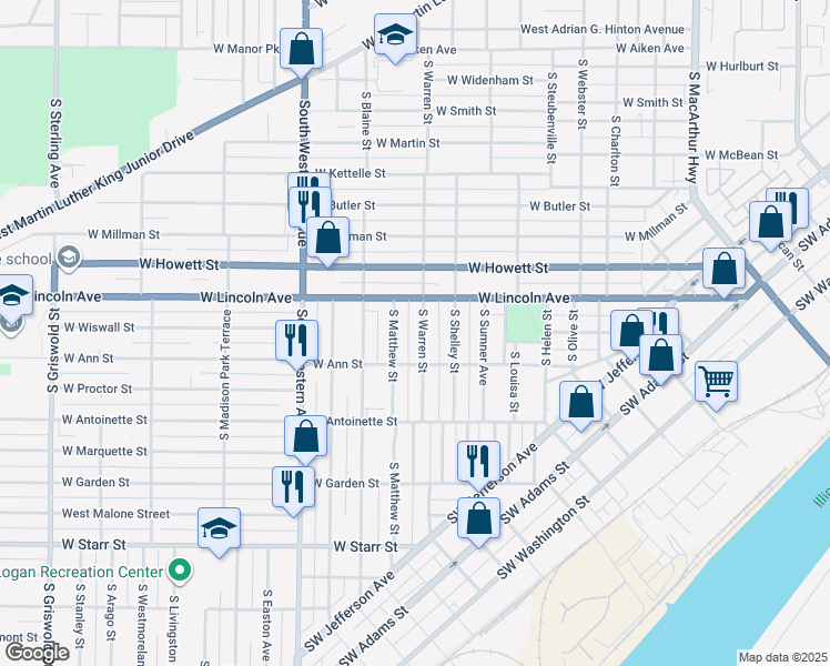 map of restaurants, bars, coffee shops, grocery stores, and more near 806 South Matthew Street in Peoria