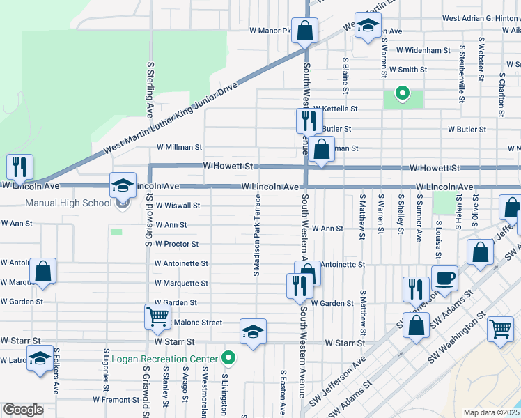 map of restaurants, bars, coffee shops, grocery stores, and more near 2104 West Wiswall Street in Peoria