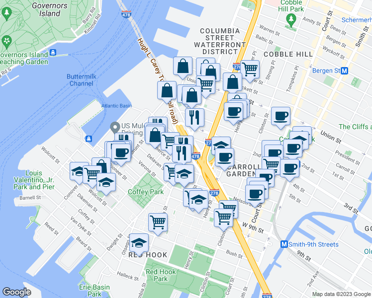 map of restaurants, bars, coffee shops, grocery stores, and more near 166 Hamilton Avenue in Brooklyn