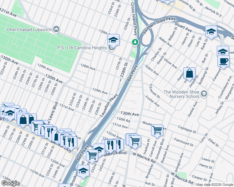 map of restaurants, bars, coffee shops, grocery stores, and more near 12866 Laurelton Parkway in Queens