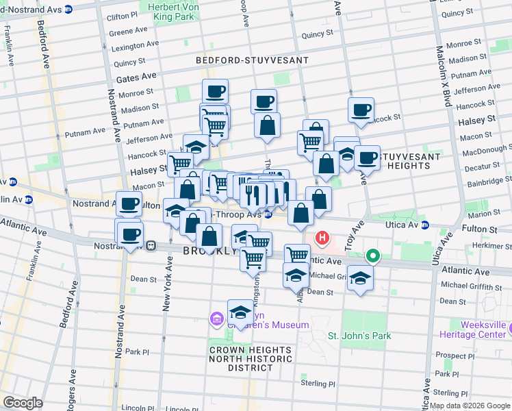 map of restaurants, bars, coffee shops, grocery stores, and more near 1496 Fulton Street in Brooklyn