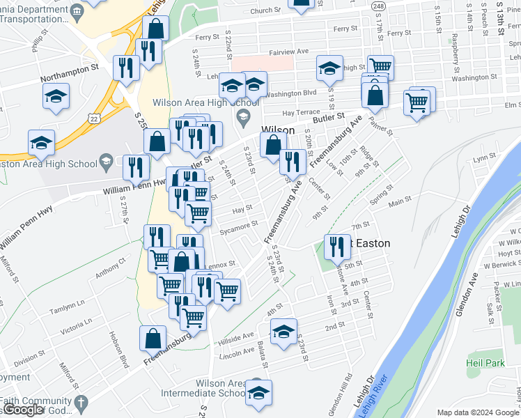 map of restaurants, bars, coffee shops, grocery stores, and more near 807 South 23rd Street in Easton