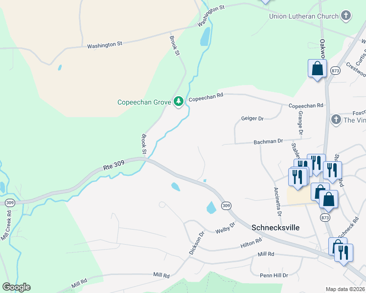 map of restaurants, bars, coffee shops, grocery stores, and more near 5315 Pennsylvania 309 in Schnecksville