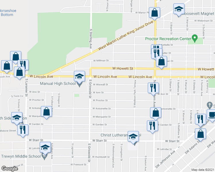 map of restaurants, bars, coffee shops, grocery stores, and more near 2320 West Wiswall Street in Peoria