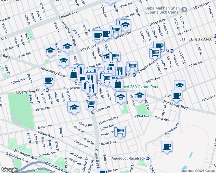 map of restaurants, bars, coffee shops, grocery stores, and more near 97-17 Rockaway Boulevard in Queens
