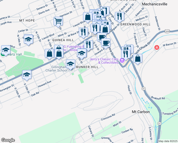map of restaurants, bars, coffee shops, grocery stores, and more near 621 Pierce Street in Pottsville