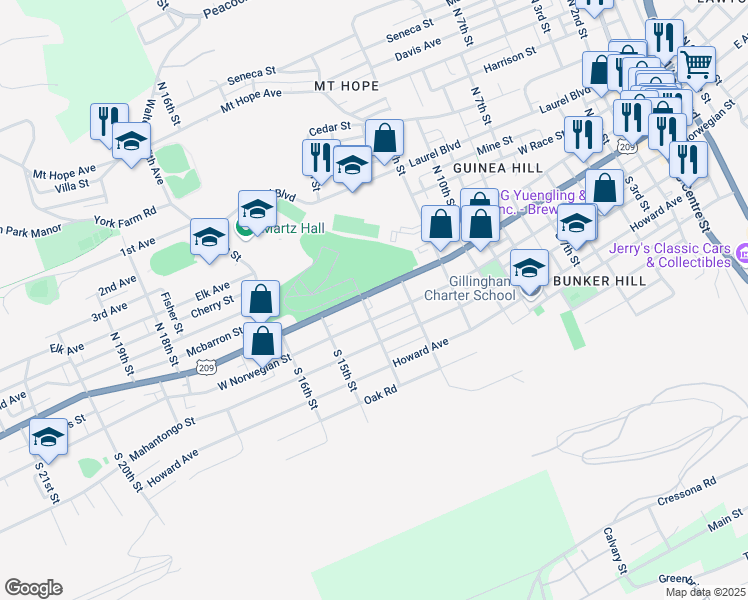 map of restaurants, bars, coffee shops, grocery stores, and more near 1341 West Market Street in Pottsville