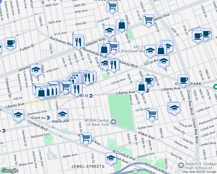 map of restaurants, bars, coffee shops, grocery stores, and more near 81-06 102nd Avenue in Queens