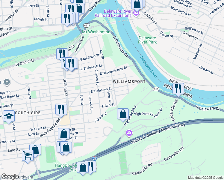 map of restaurants, bars, coffee shops, grocery stores, and more near 259 East Kleinhans Street in Easton