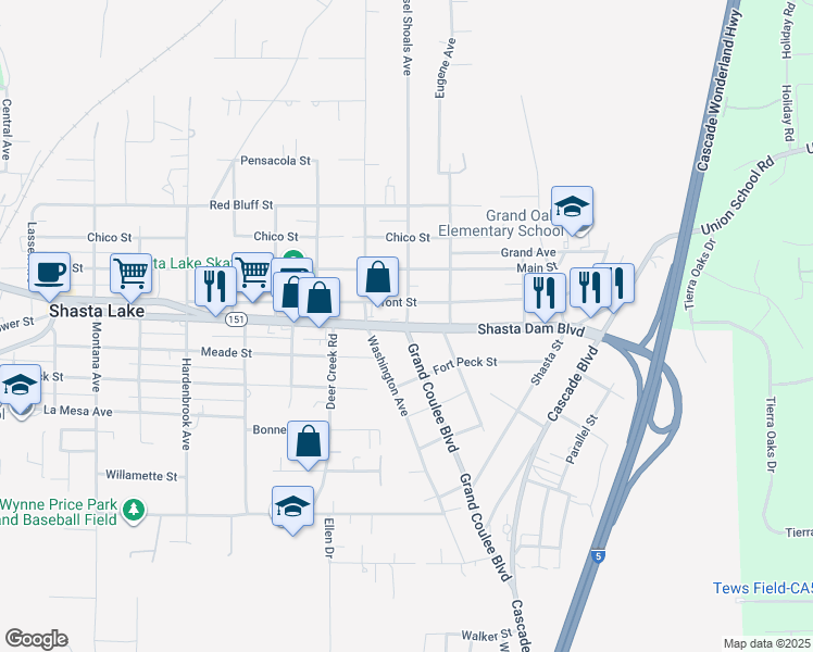 map of restaurants, bars, coffee shops, grocery stores, and more near Shasta Dam Boulevard & Mussel Shoals Avenue in Shasta Lake