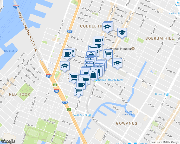 map of restaurants, bars, coffee shops, grocery stores, and more near Court Street & 1st Place in Brooklyn