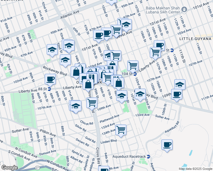 map of restaurants, bars, coffee shops, grocery stores, and more near Rockaway Blvd & 97th St in Queens